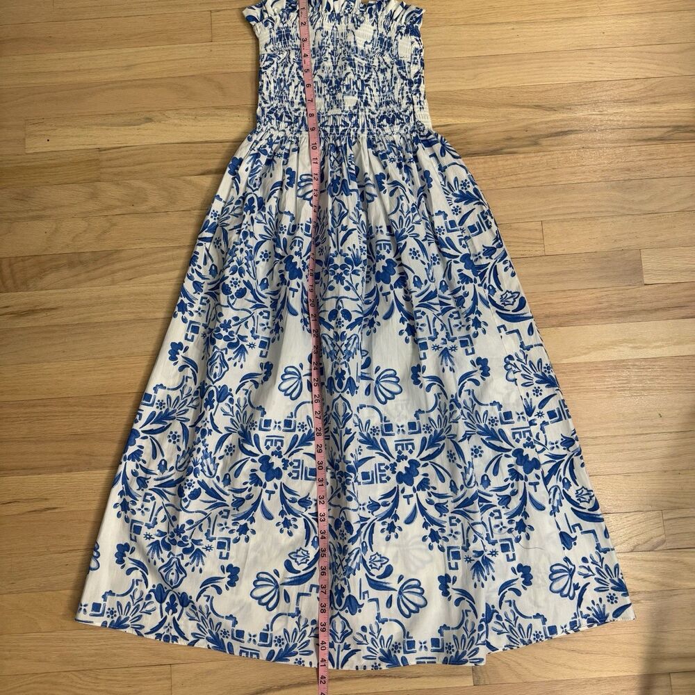 H&M Smocked Strapless Midi Dress Blue White Cottage Beach Sundress Small Cotton